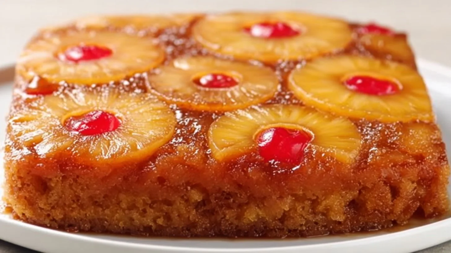 Deliciously baked Pineapple Upside Down Cake with caramelized pineapple topping