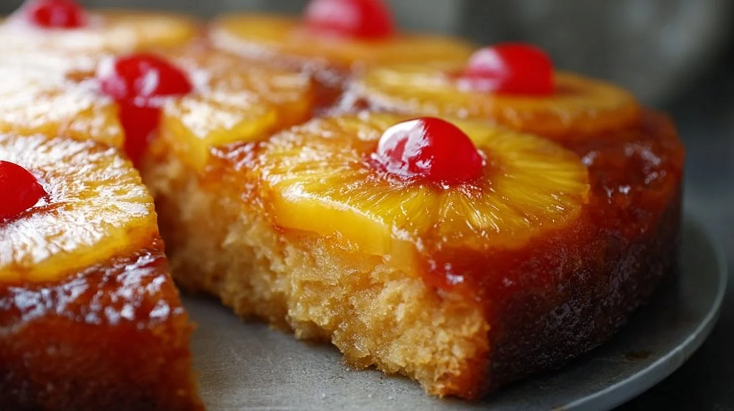 Delicious homemade Pineapple Upside Down Cake with caramelized pineapples.