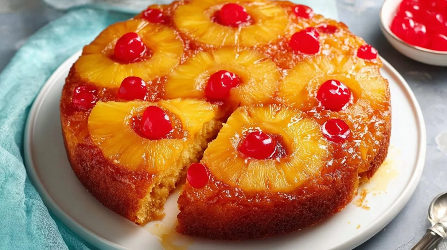 Delicious Pineapple Upside Down Cake garnished with cherries and pineapple slices.