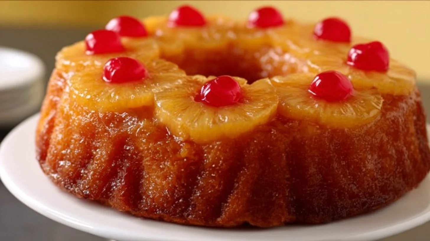 Delicious Pineapple Upside Down Cake with caramelized pineapple topping