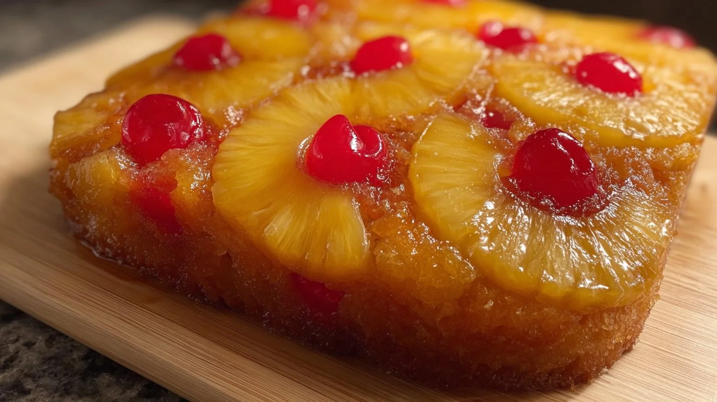 Delicious Pineapple Upside Down Cake topped with caramelized pineapple slices.