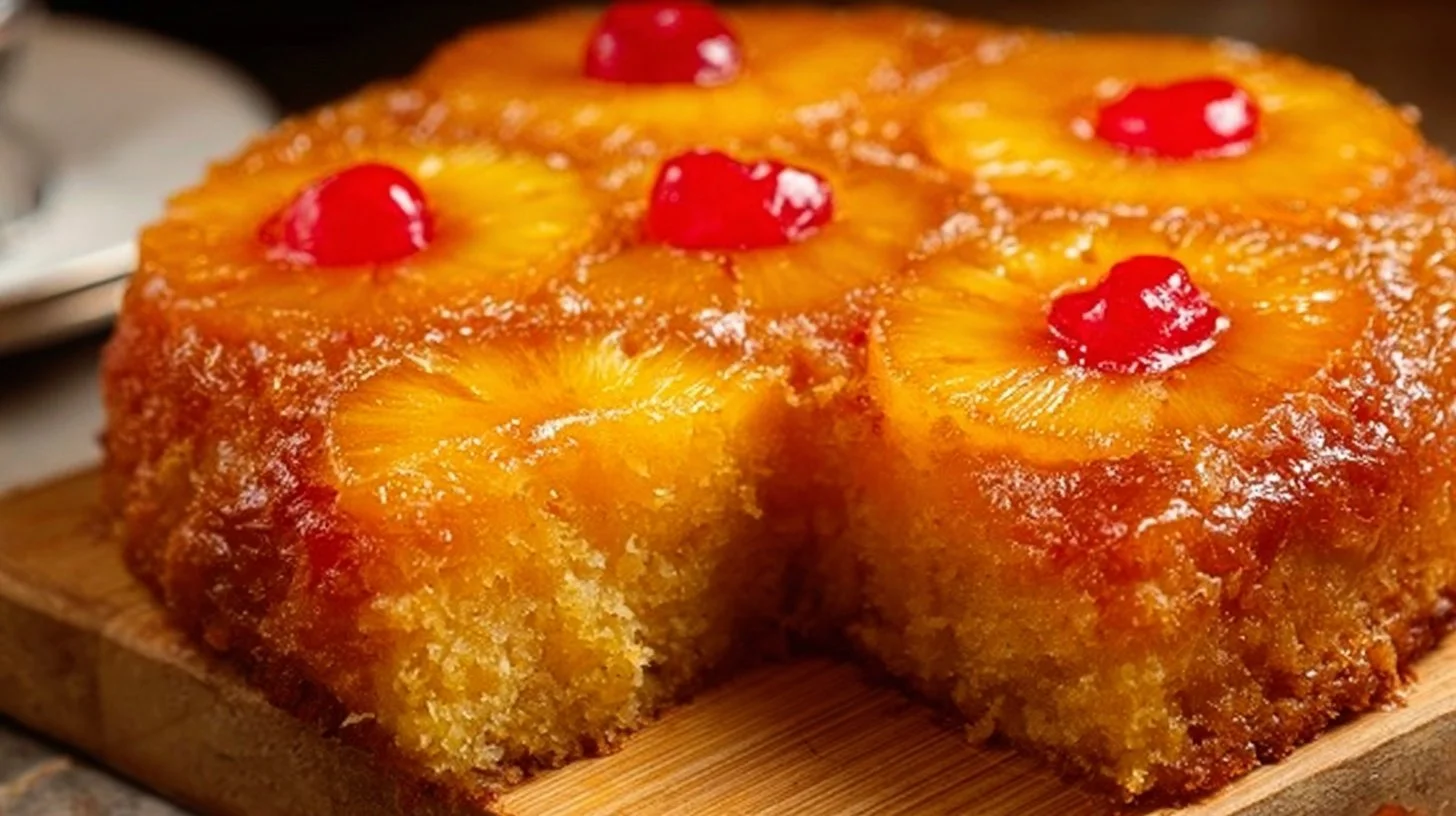 Delicious Pineapple Upside Down Cake made with cake mix, served on a plate.