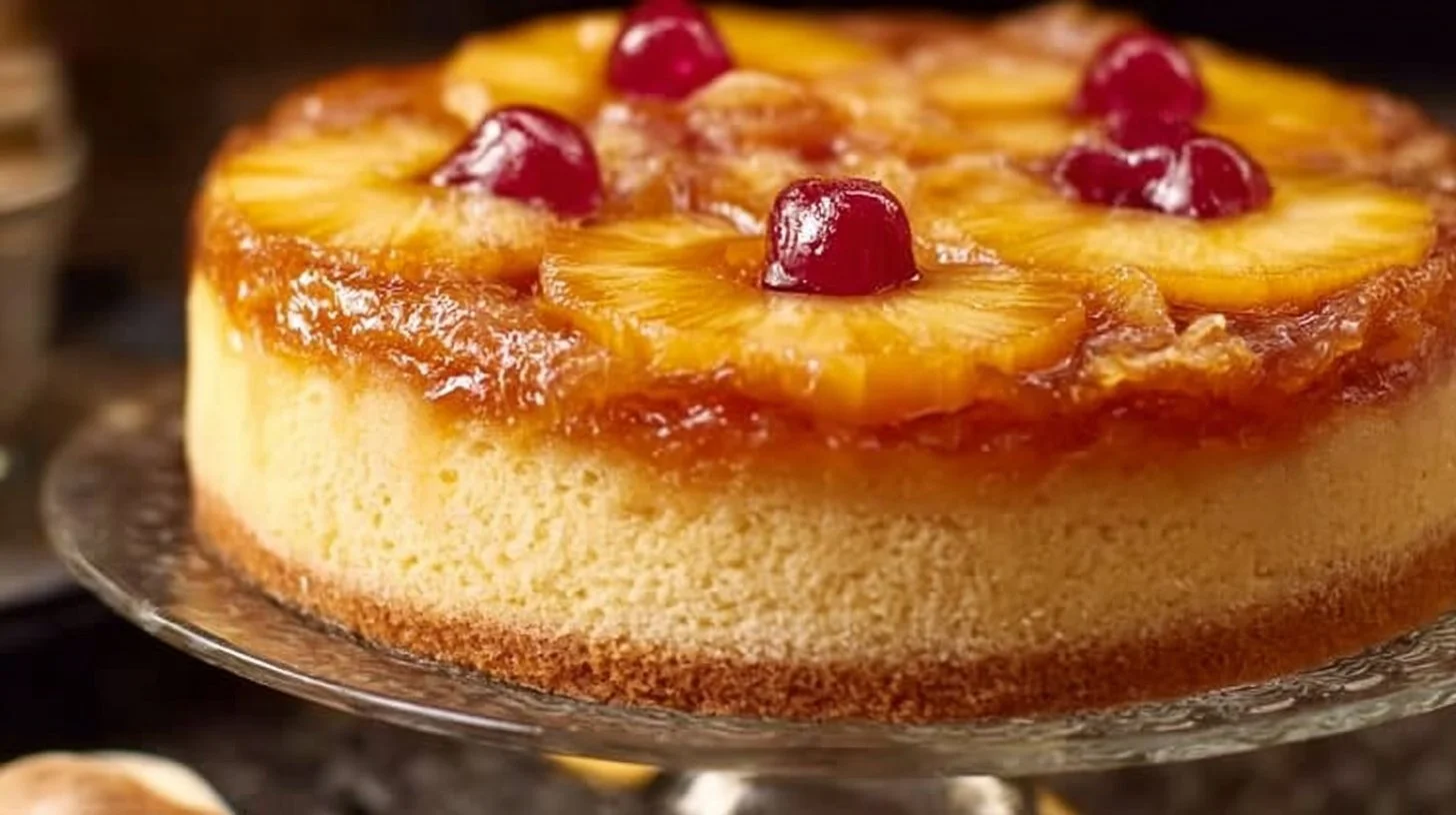 Delicious Pineapple Upside Down Cheesecake with pineapple and cherry topping