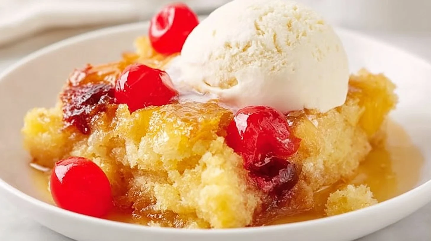 Delicious Pineapple Upside Down Dump Cake served on a plate with cherries.