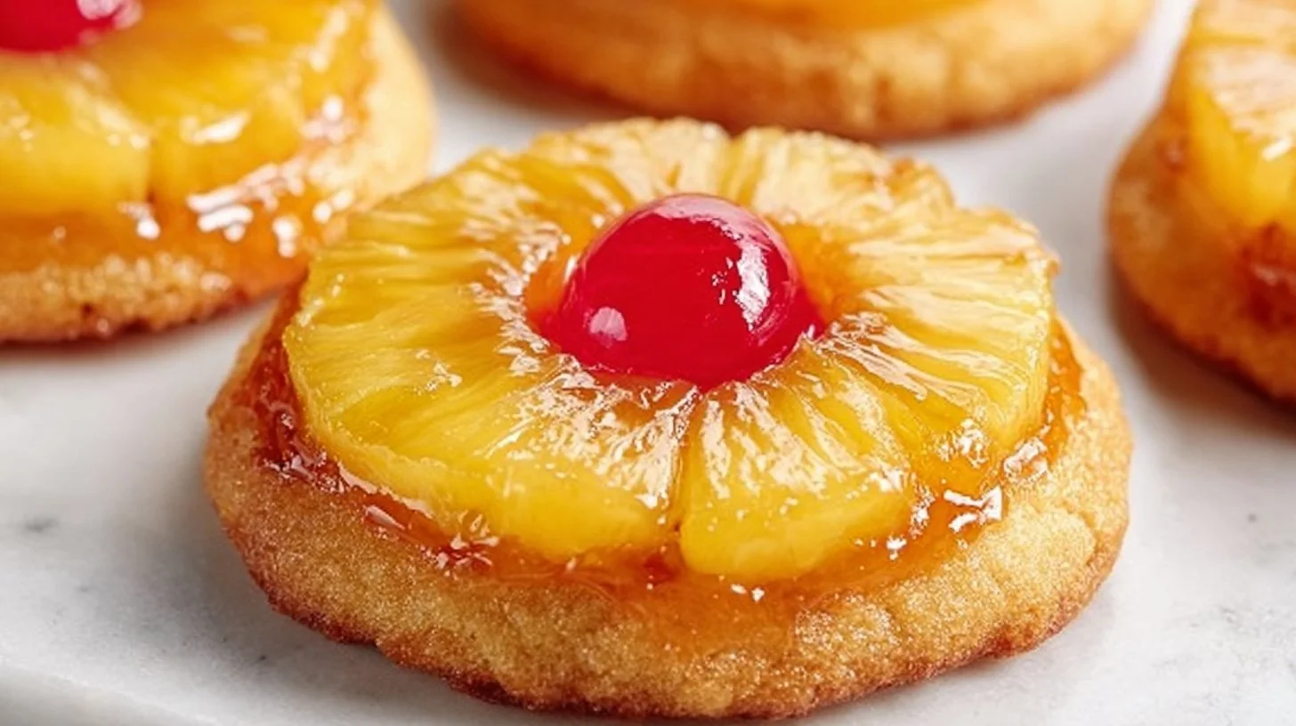 Pineapple Upside Down Sugar Cookies with pineapple and cherries on top