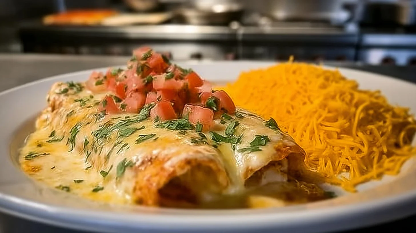 Delicious queso chicken enchiladas topped with cheese and fresh herbs