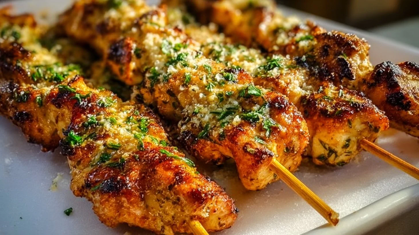 Ranch Garlic Parmesan Chicken Skewers on a grill, delicious and easy recipe.