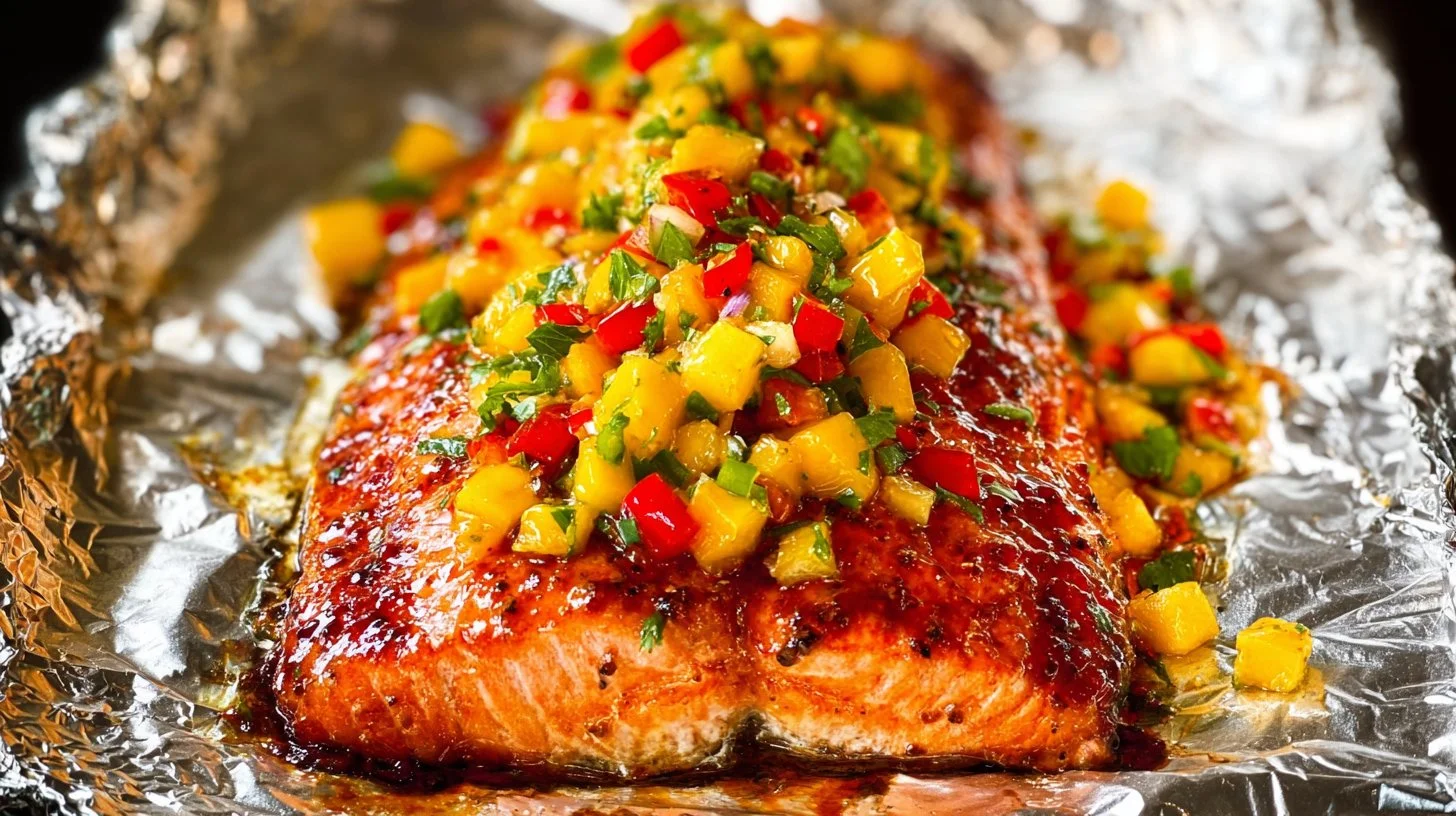 Grilled salmon served with fresh mango salsa on a white plate