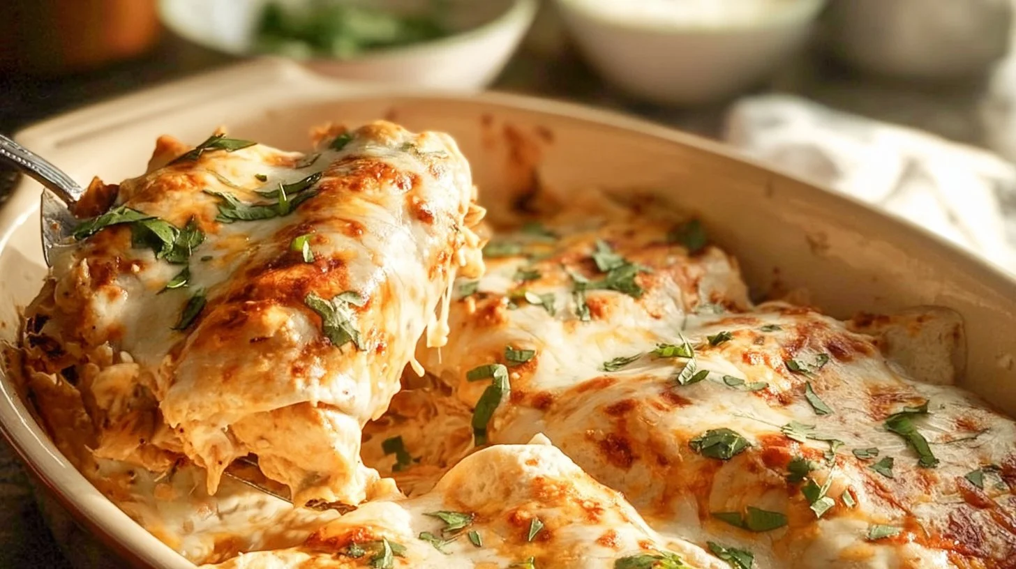 Delicious shredded chicken enchiladas topped with sauce and cheese