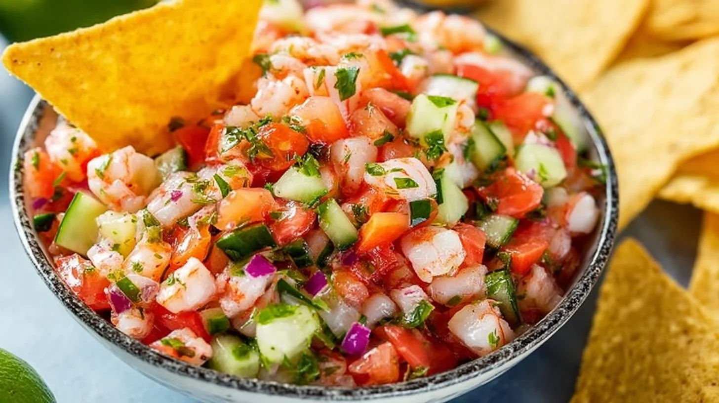 Fresh shrimp ceviche served in a bowl with lime and cilantro garnish