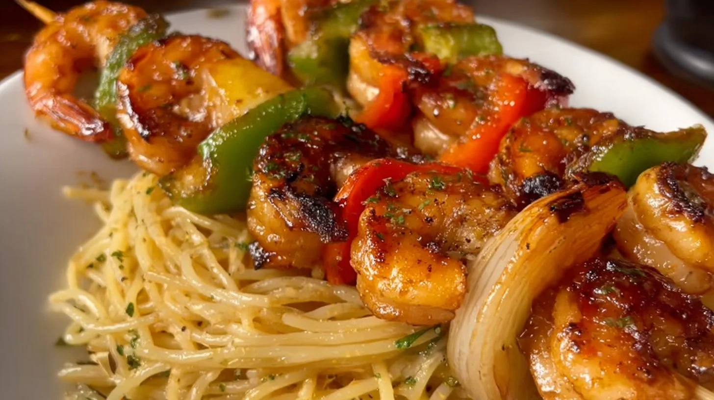 Grilled shrimp kabobs with colorful vegetables on skewers