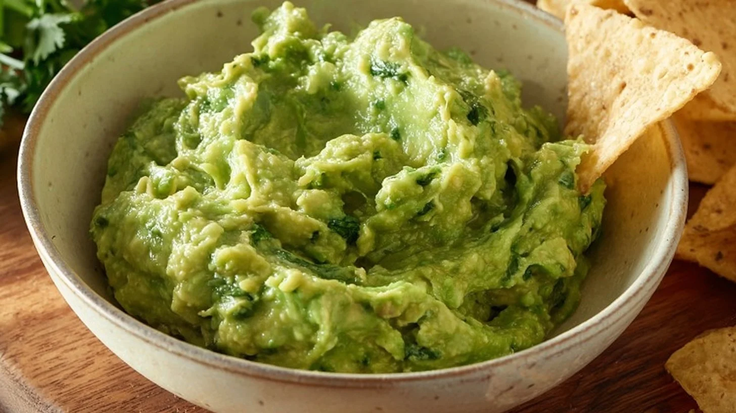 Bowl of fresh guacamole made with ripe avocados, lime, and spices