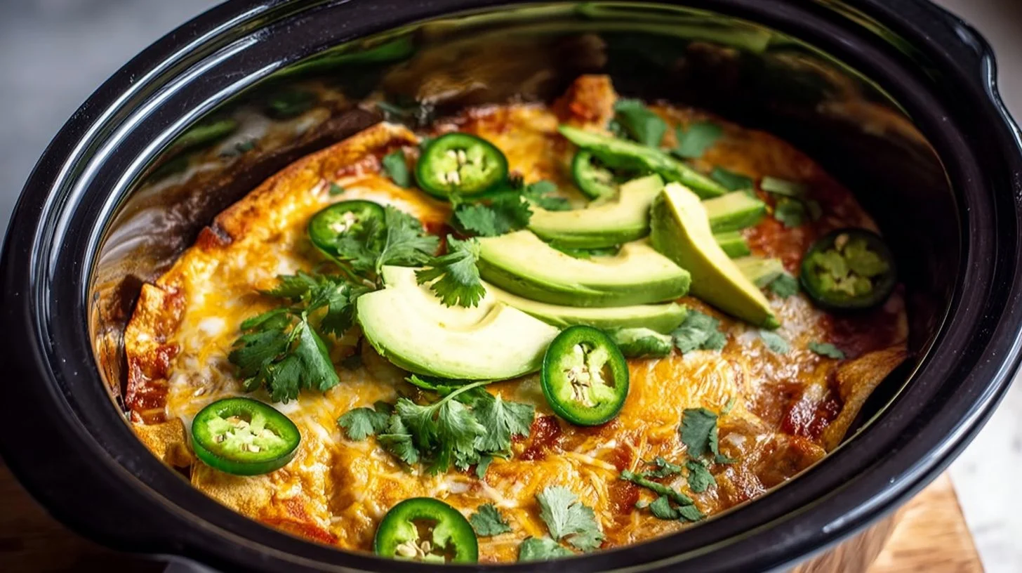 Delicious slow cooker chicken enchiladas topped with cheese and fresh cilantro