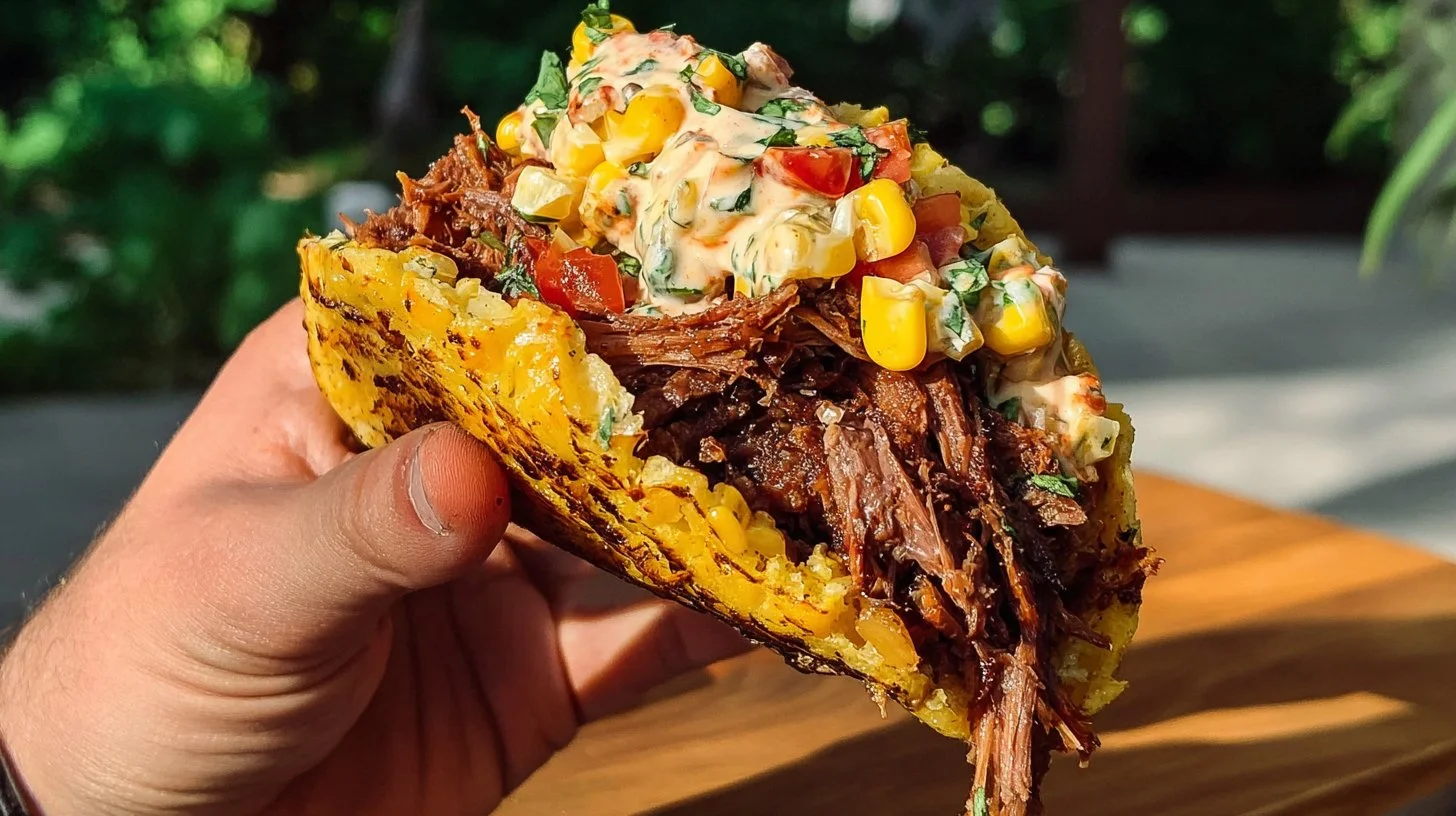 Smoked BBQ beef tacos served with fresh toppings and sides