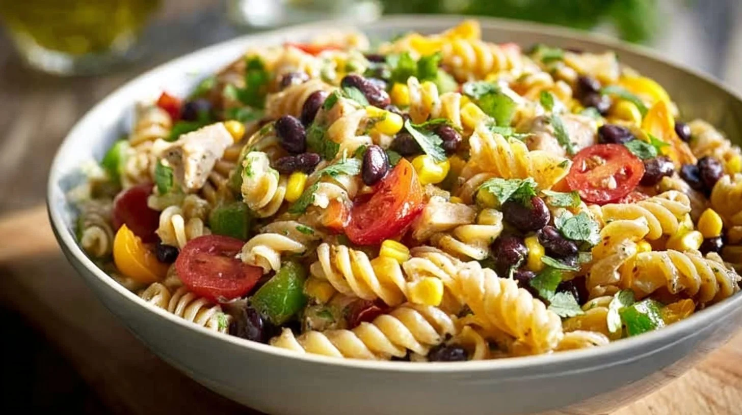 Colorful Southwestern Pasta Salad with fresh vegetables and dressing