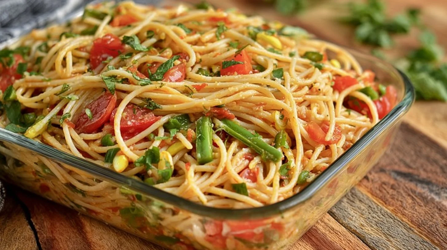 Colorful spaghetti pasta salad with vegetables and dressing in a bowl
