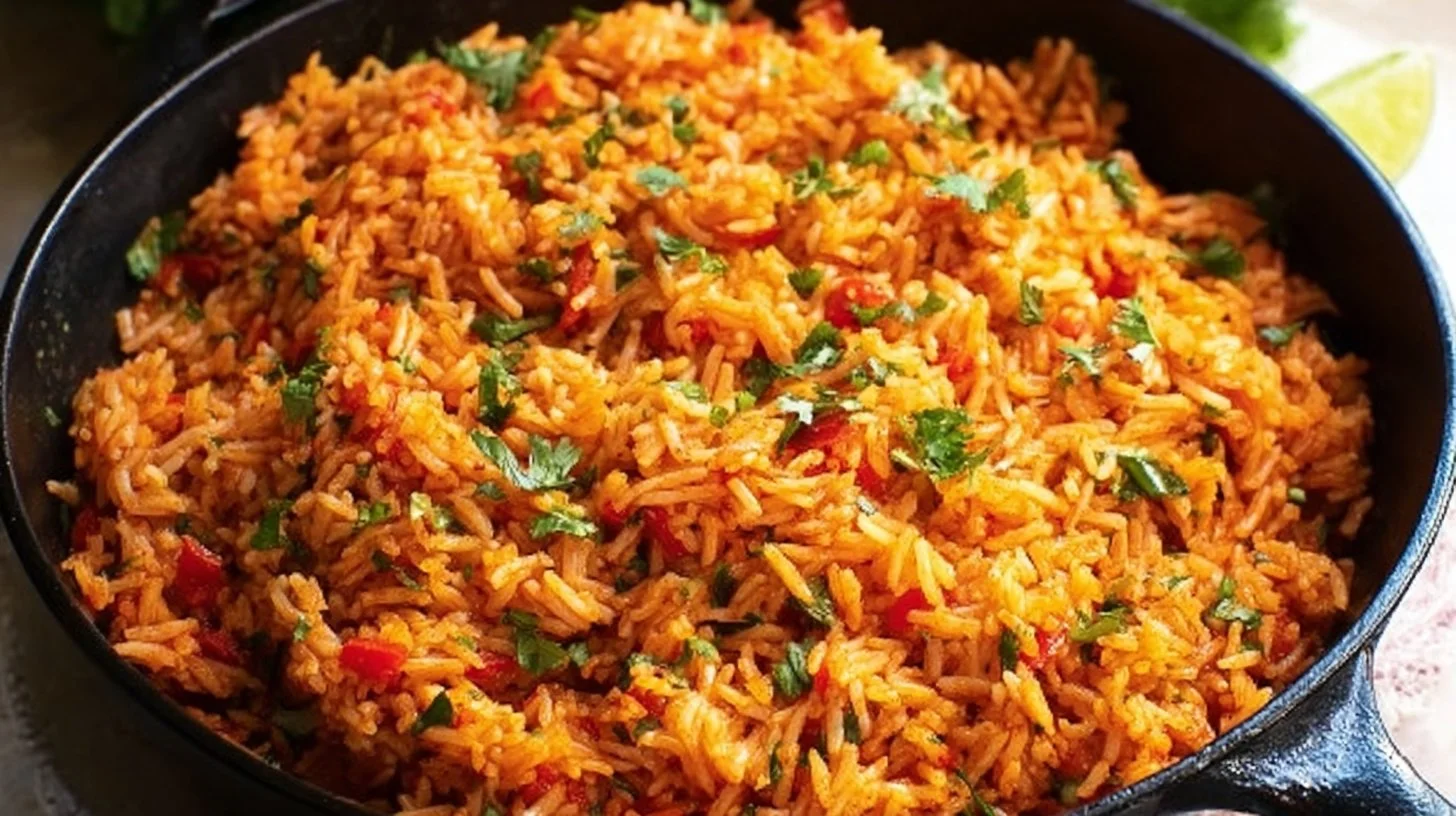 Plate of savory Spanish rice garnished with herbs and spices.