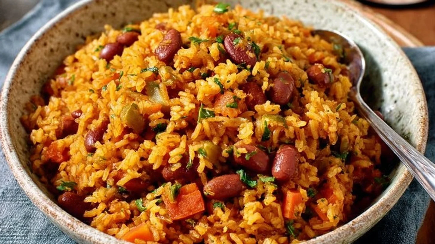 Plate of Spanish rice and beans garnished with herbs