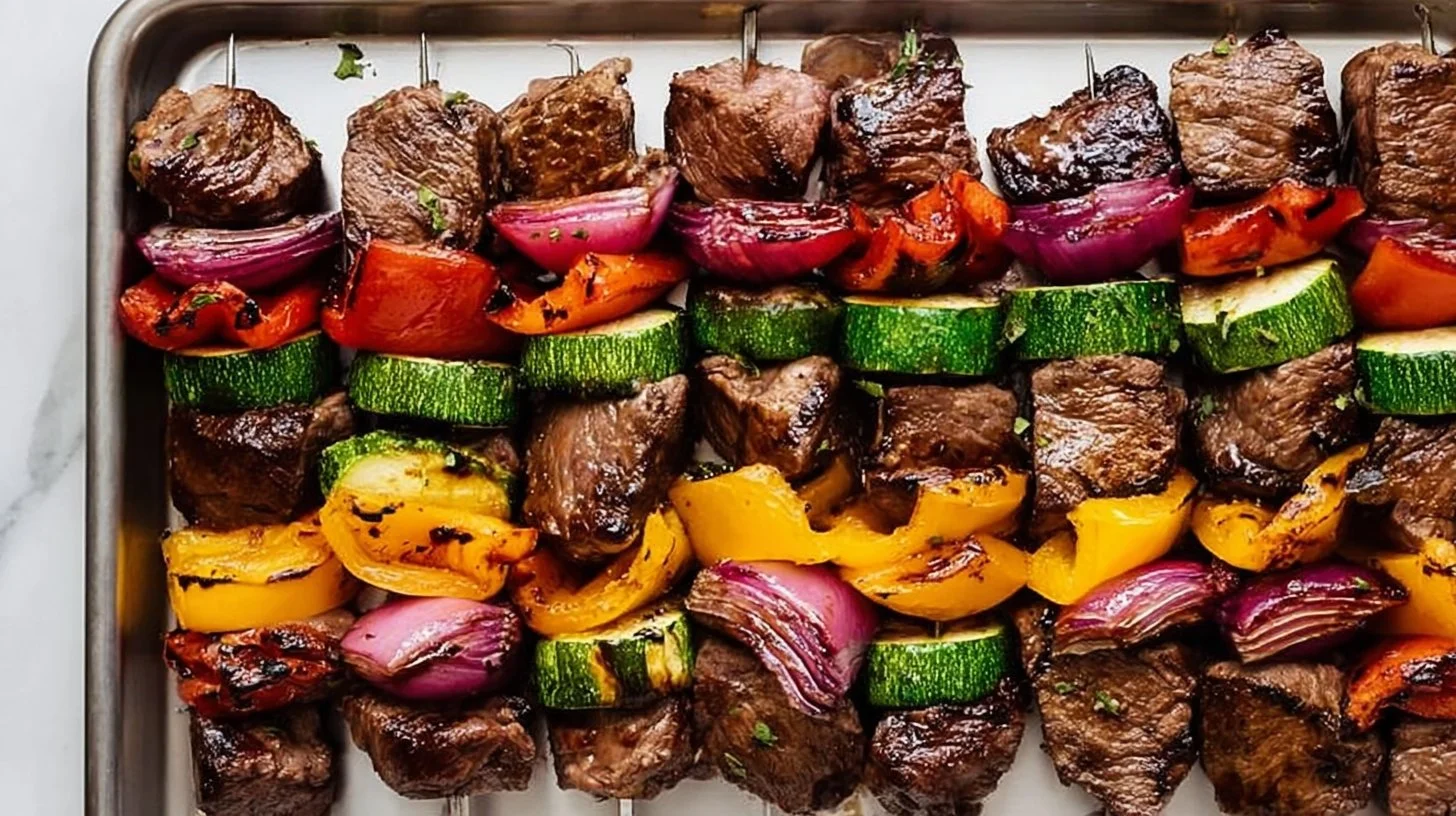 Grilled Steak Kabobs with colorful vegetables on skewers