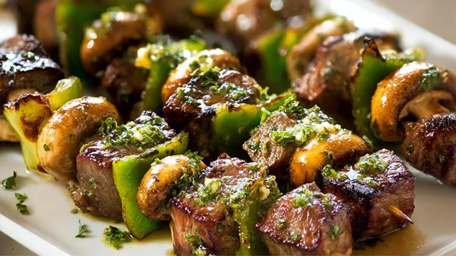 Grilled steak kabobs with colorful vegetables on a skewer