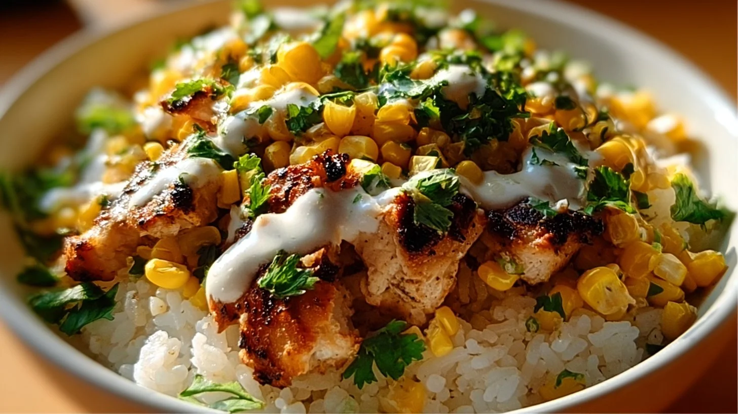 Delicious Street Corn Chicken Rice Bowl with grilled chicken and corn