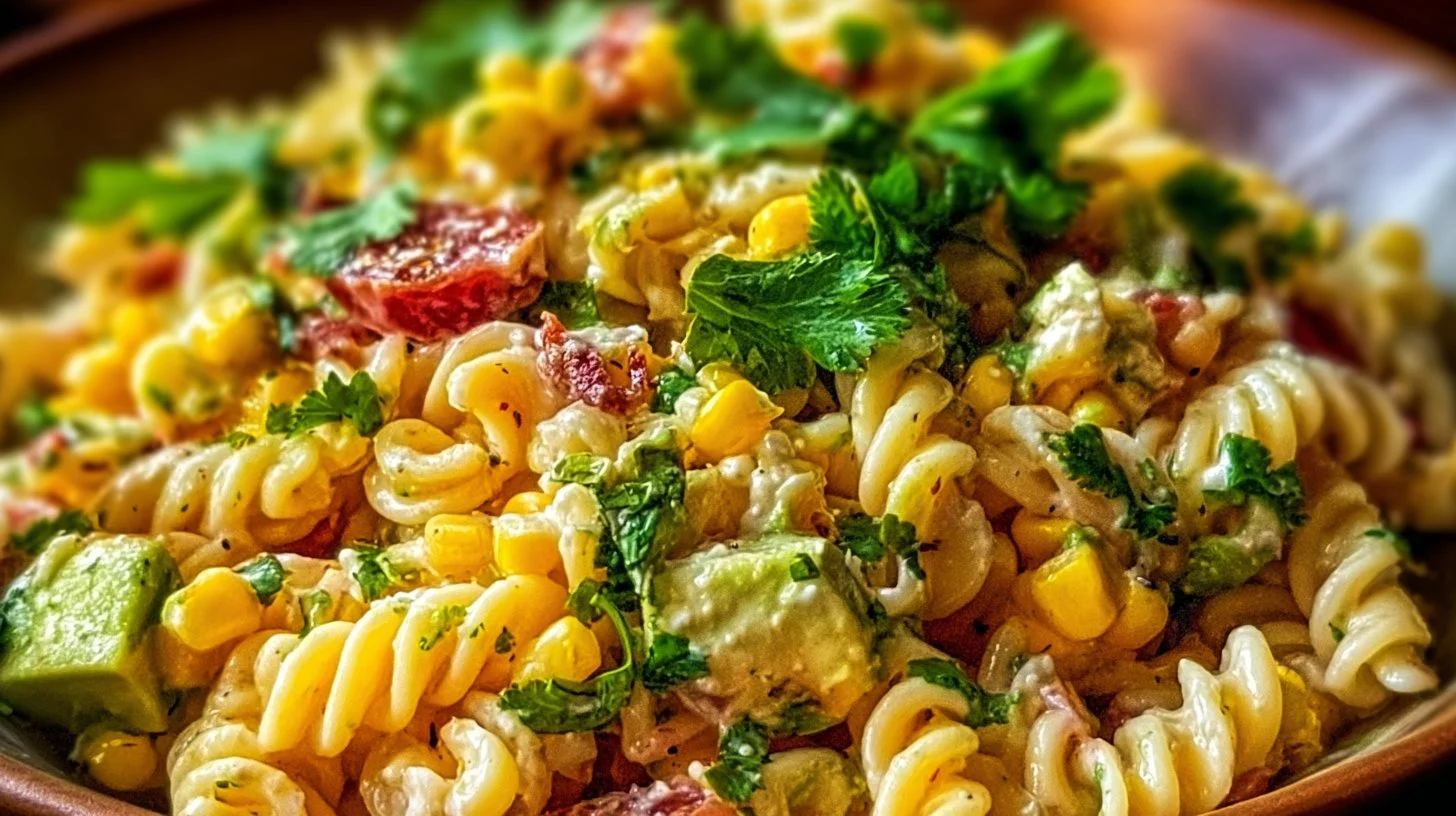 Colorful Street Corn Pasta Salad with fresh vegetables and dressing