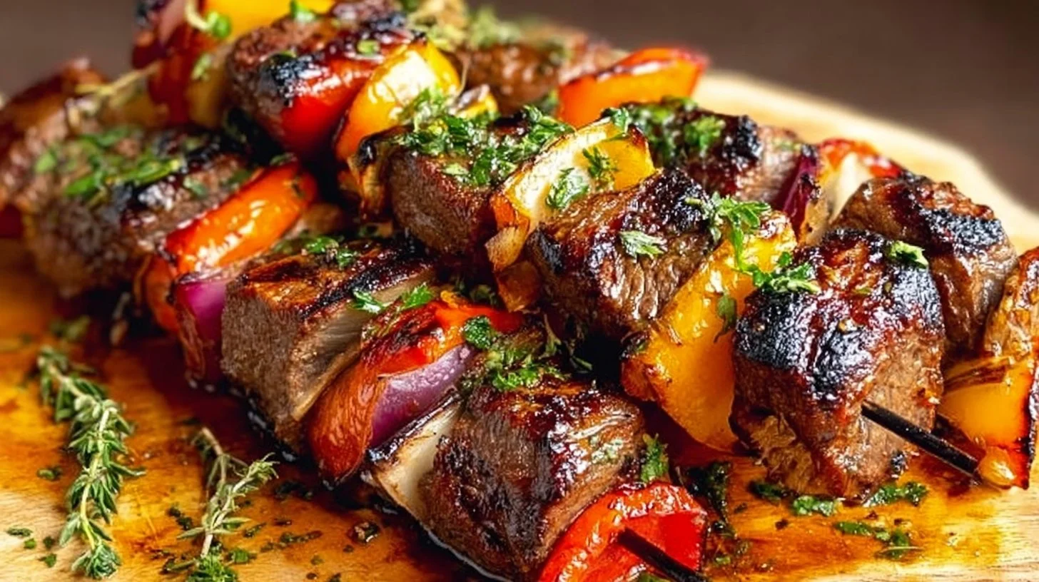Delicious street-style beef kabobs sizzling on the grill with vegetables