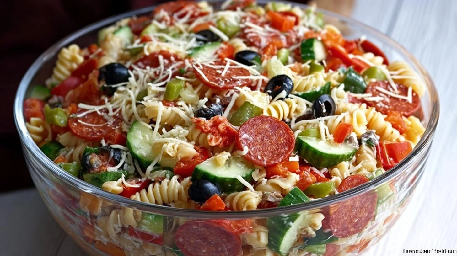 A vibrant bowl of Supreme Pasta Salad with fresh ingredients and dressing.