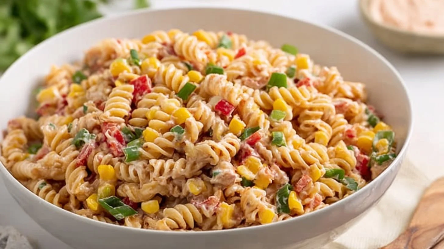 Colorful Taco Pasta Salad with fresh ingredients in a serving bowl