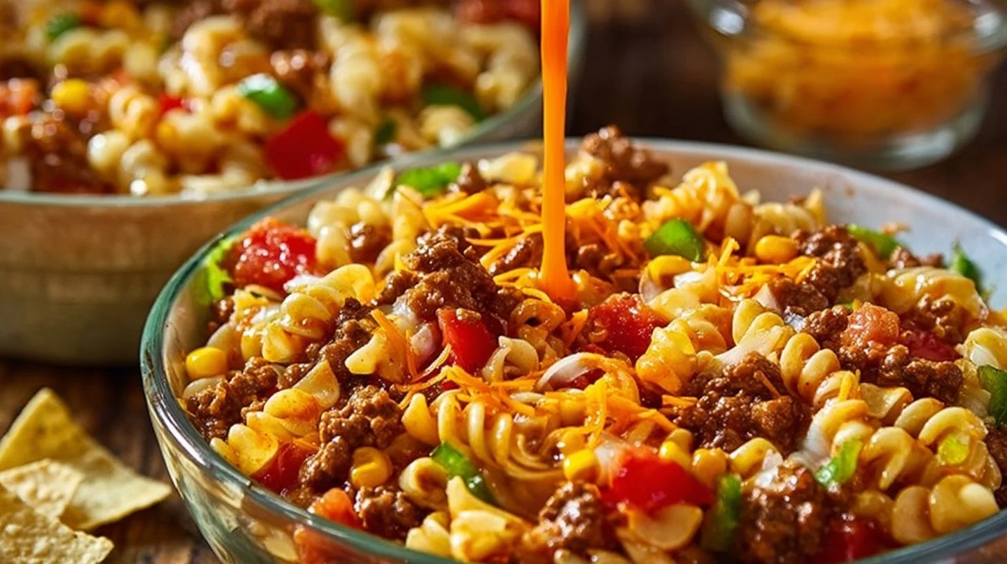 Colorful Taco Pasta Salad with fresh ingredients and vibrant toppings