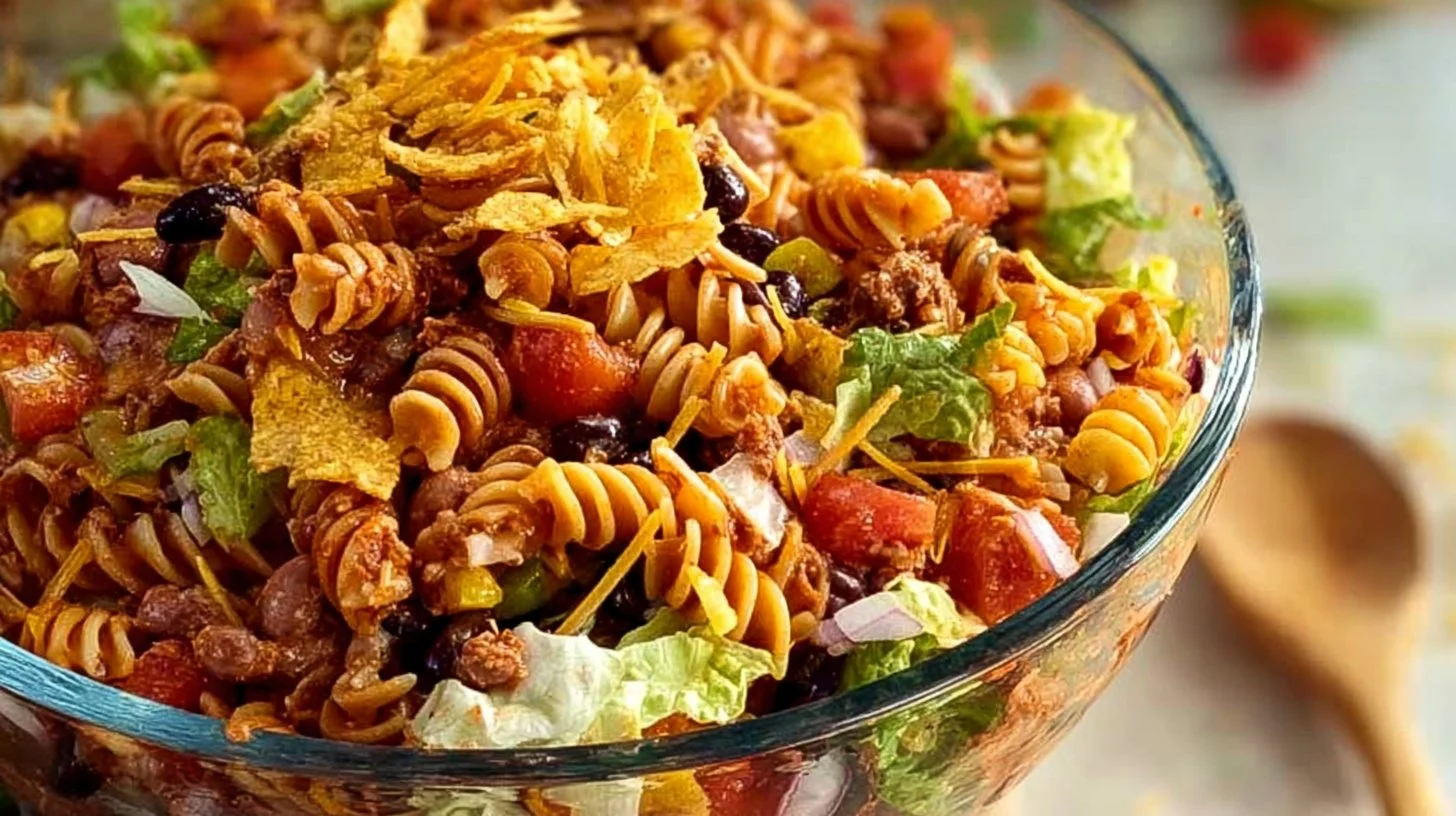 Colorful Taco Pasta Salad with fresh ingredients and tasty toppings