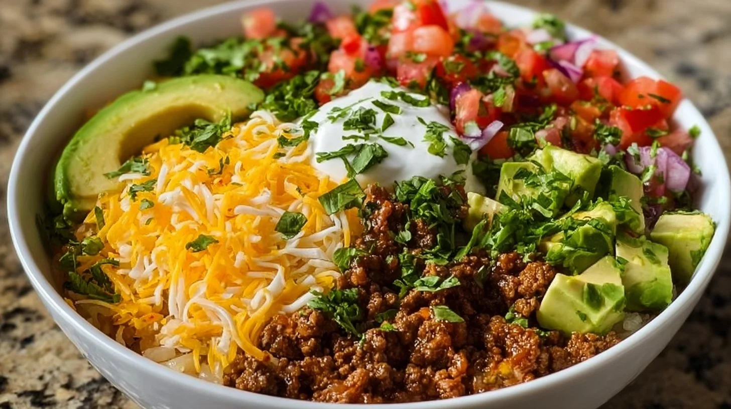 Taco Rice Bowl with seasoned beef, fresh vegetables, and avocado on a bed of rice