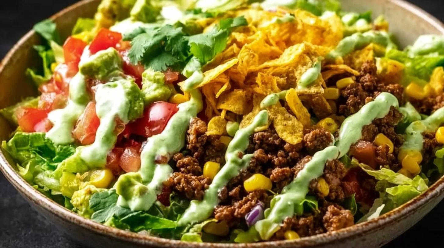 Delicious homemade Taco Salad served in a bowl with fresh toppings.