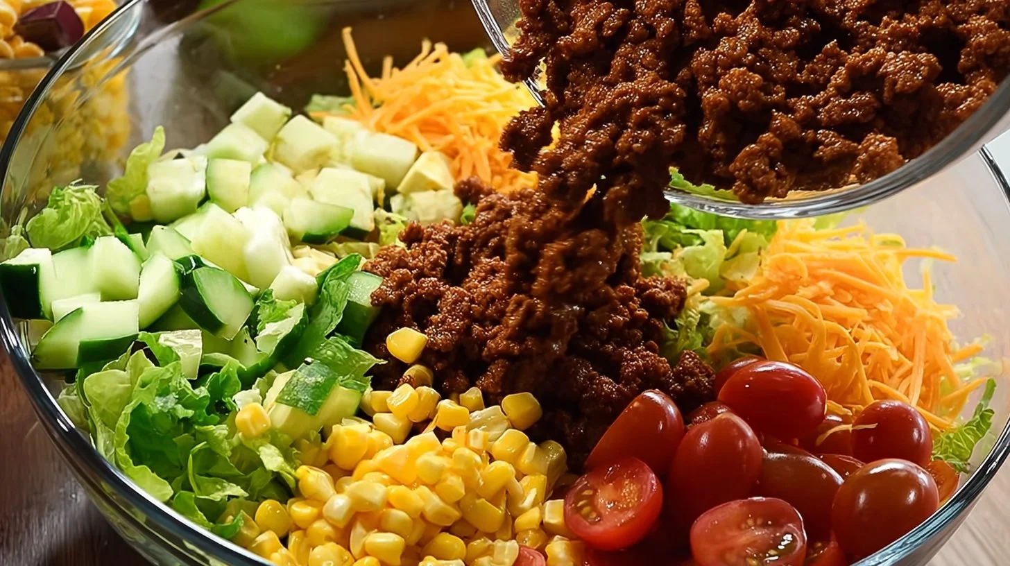 Colorful taco salad with fresh ingredients and toppings