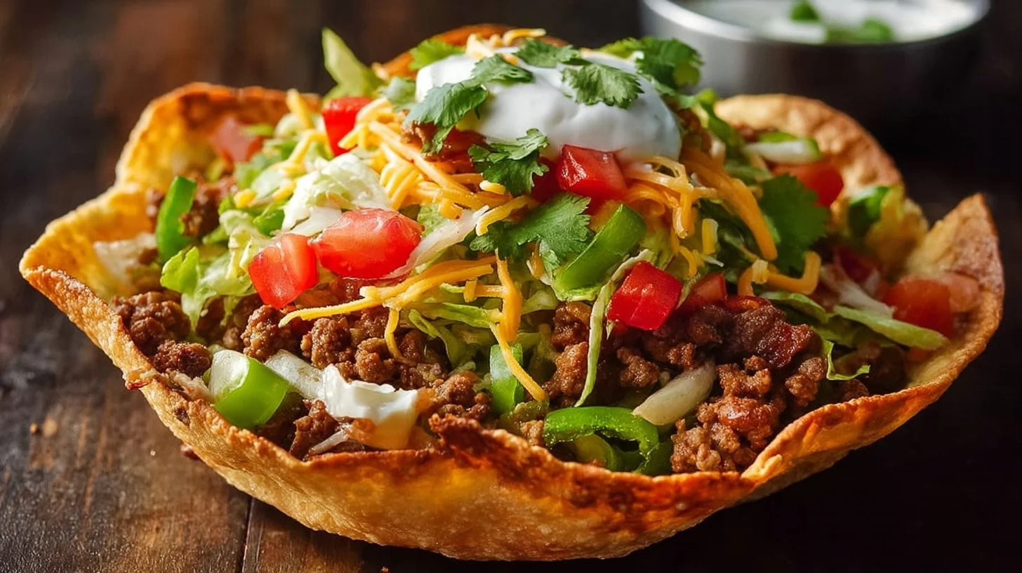 Colorful and fresh taco salad in a bowl with toppings