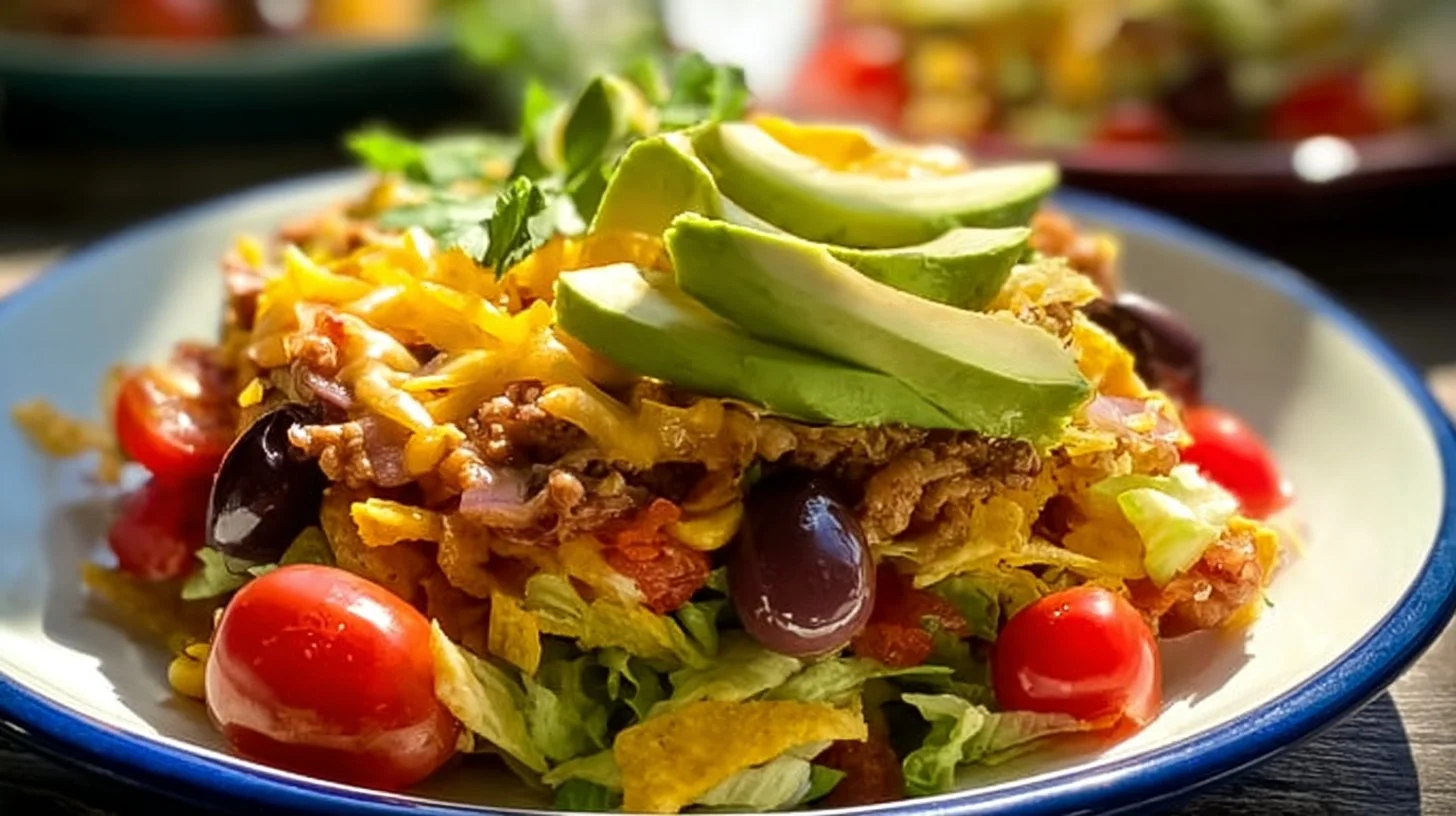 Colorful taco salad with fresh veggies, beans, and tortillas in a bowl