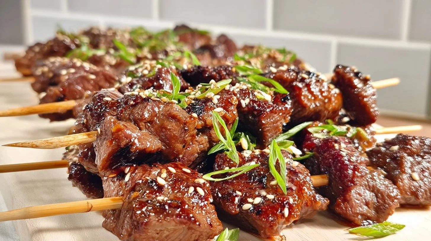 Delicious teriyaki beef skewers marinated and grilled, served with fresh vegetables.
