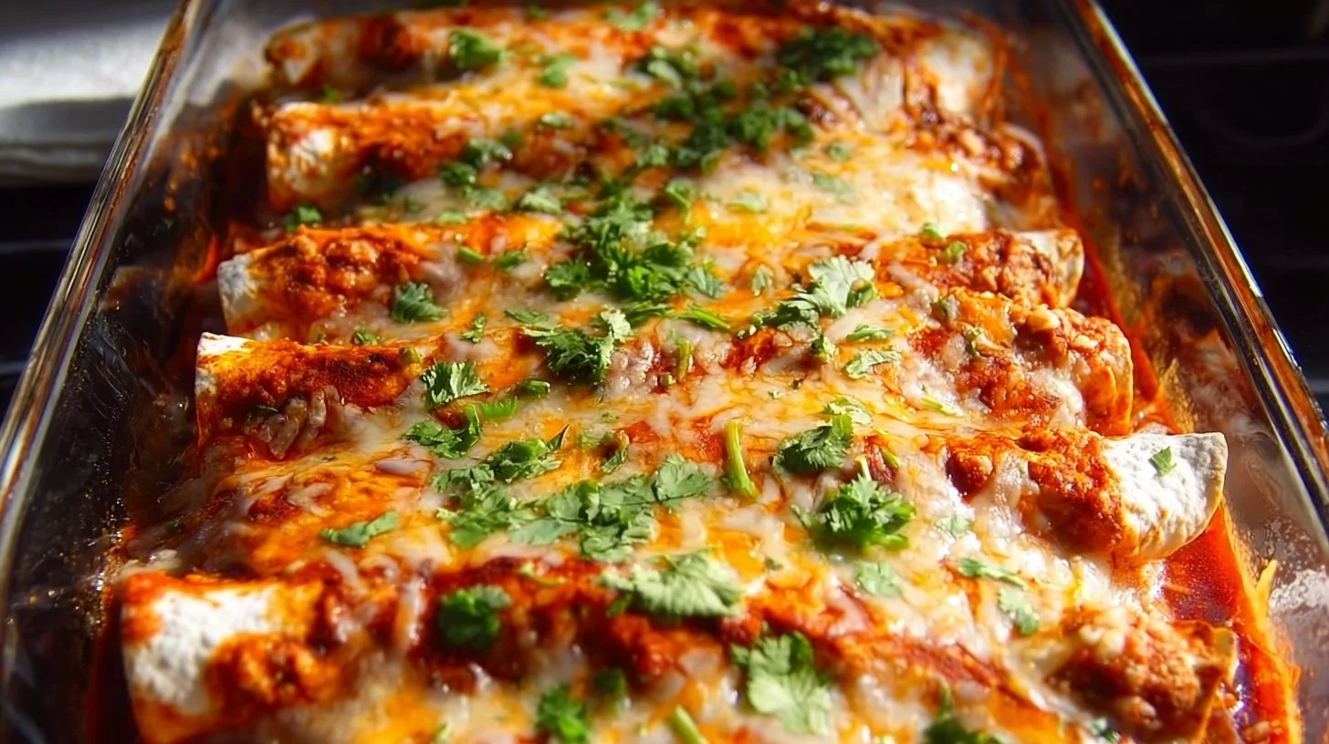 Delicious homemade chicken enchiladas topped with cheese and sauce
