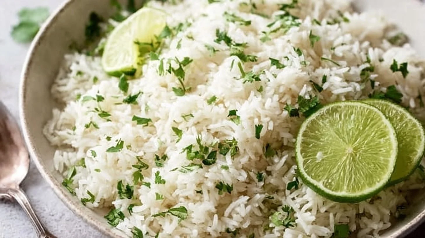 Delicious cilantro lime rice served in a bowl with fresh cilantro on top