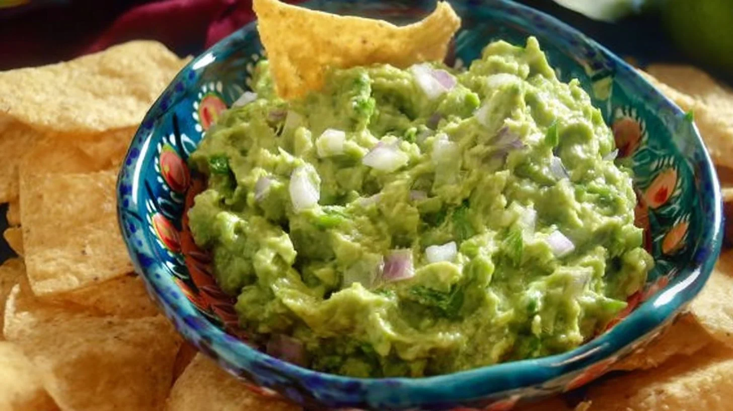 Bowl of the best homemade guacamole with fresh ingredients.