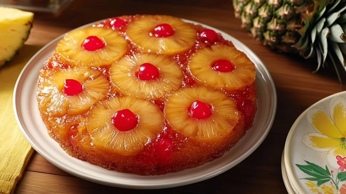 Delicious upside-down cake with caramelized fruits served on a plate