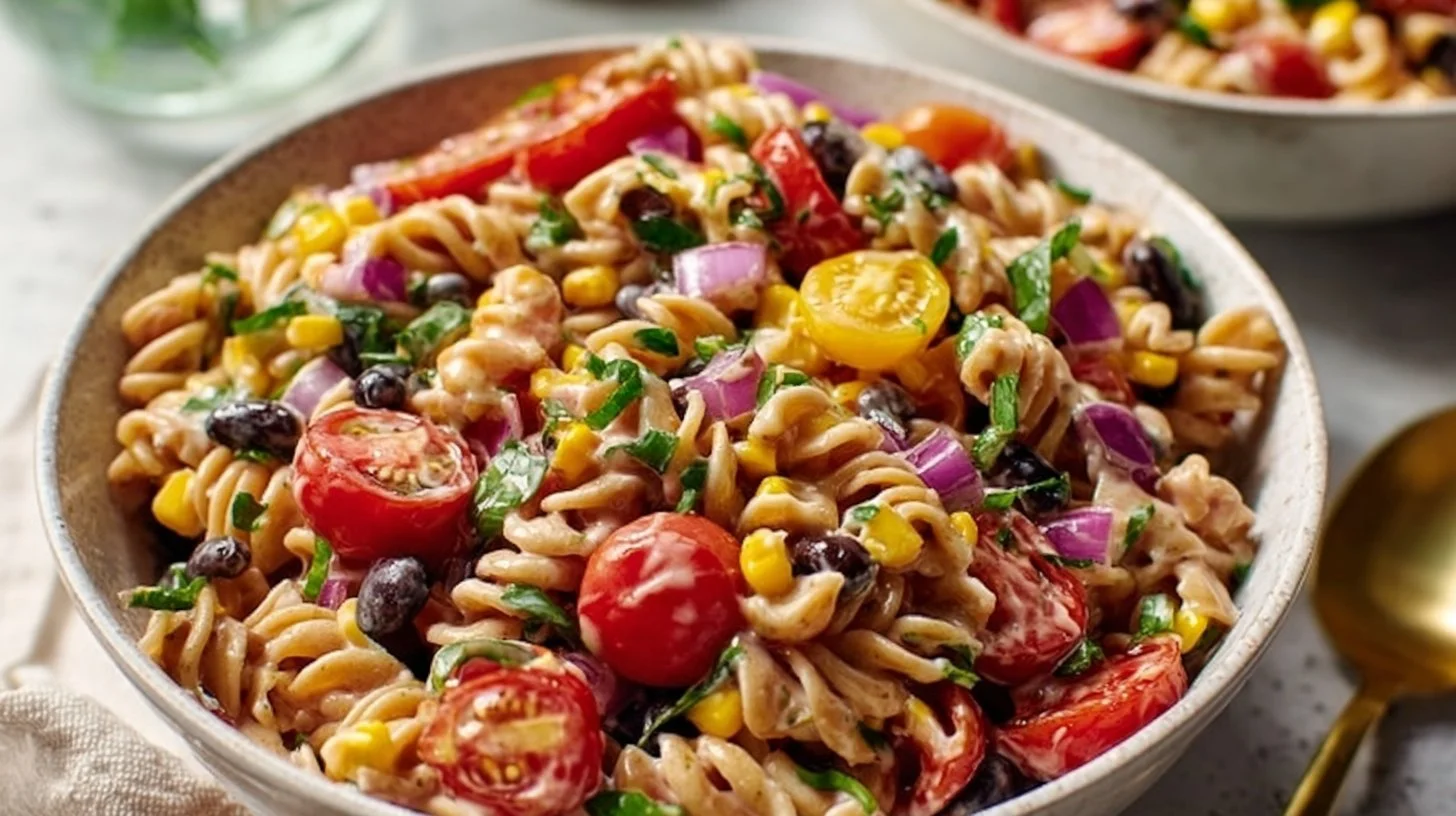 Bowl of vibrant Vegan Southwest Pasta Salad with fresh vegetables and pasta.