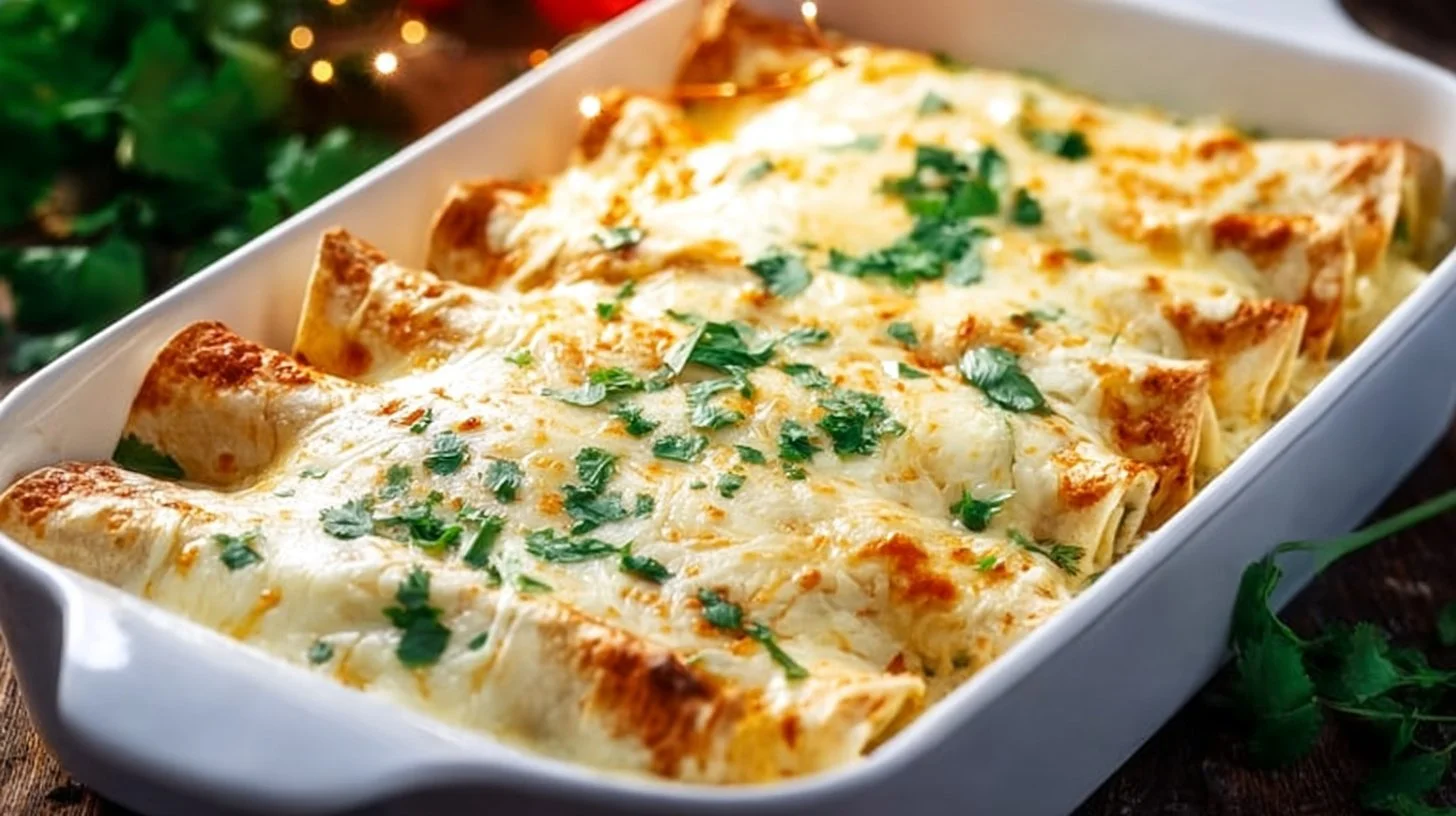 White Chicken Enchilada Casserole topped with cheese and green onions