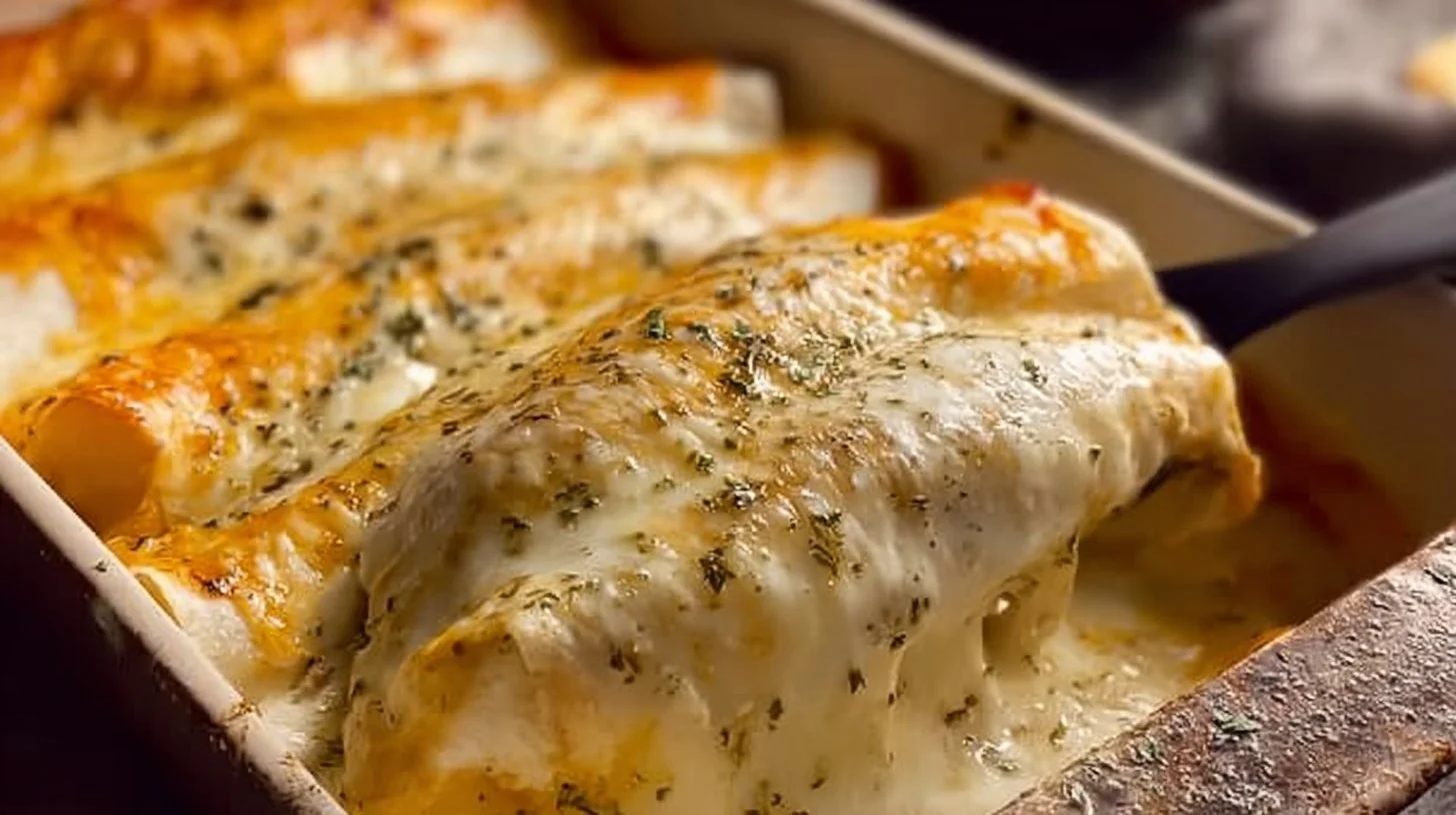 Delicious white chicken enchiladas topped with creamy sauce and cheese