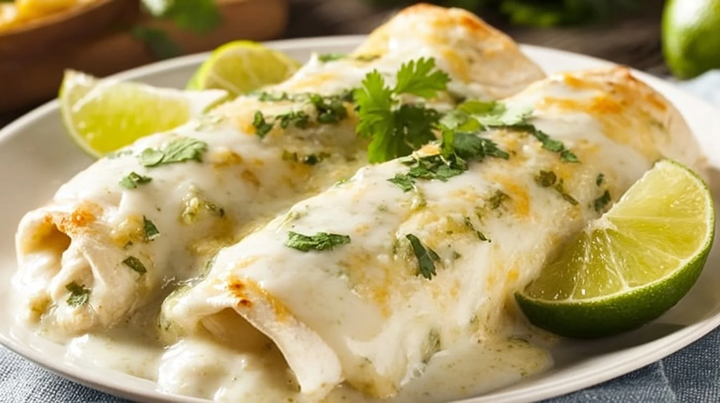 Delicious white chicken enchiladas topped with creamy sauce and cheese