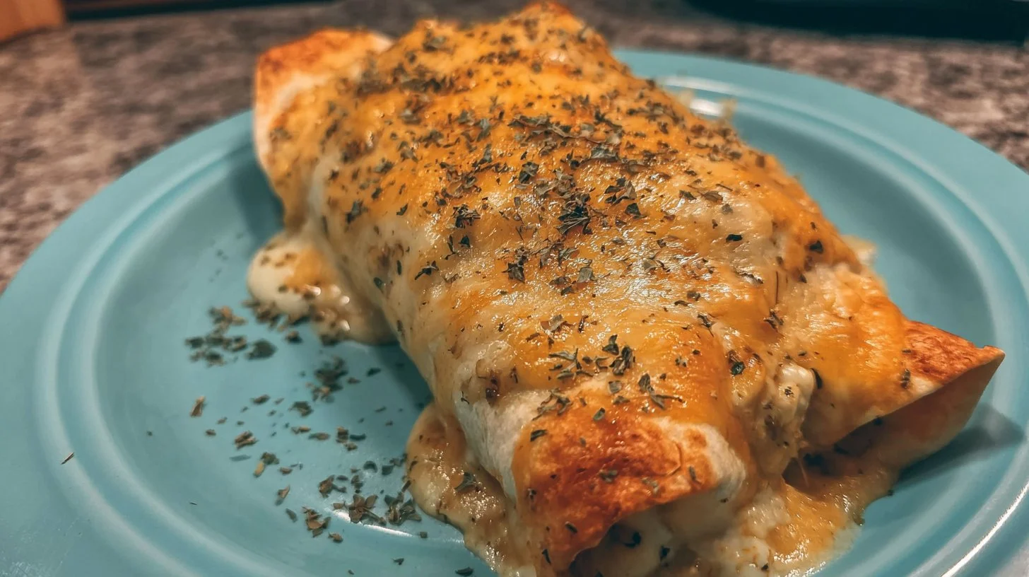Delicious white chicken enchiladas topped with creamy sauce and cheese.