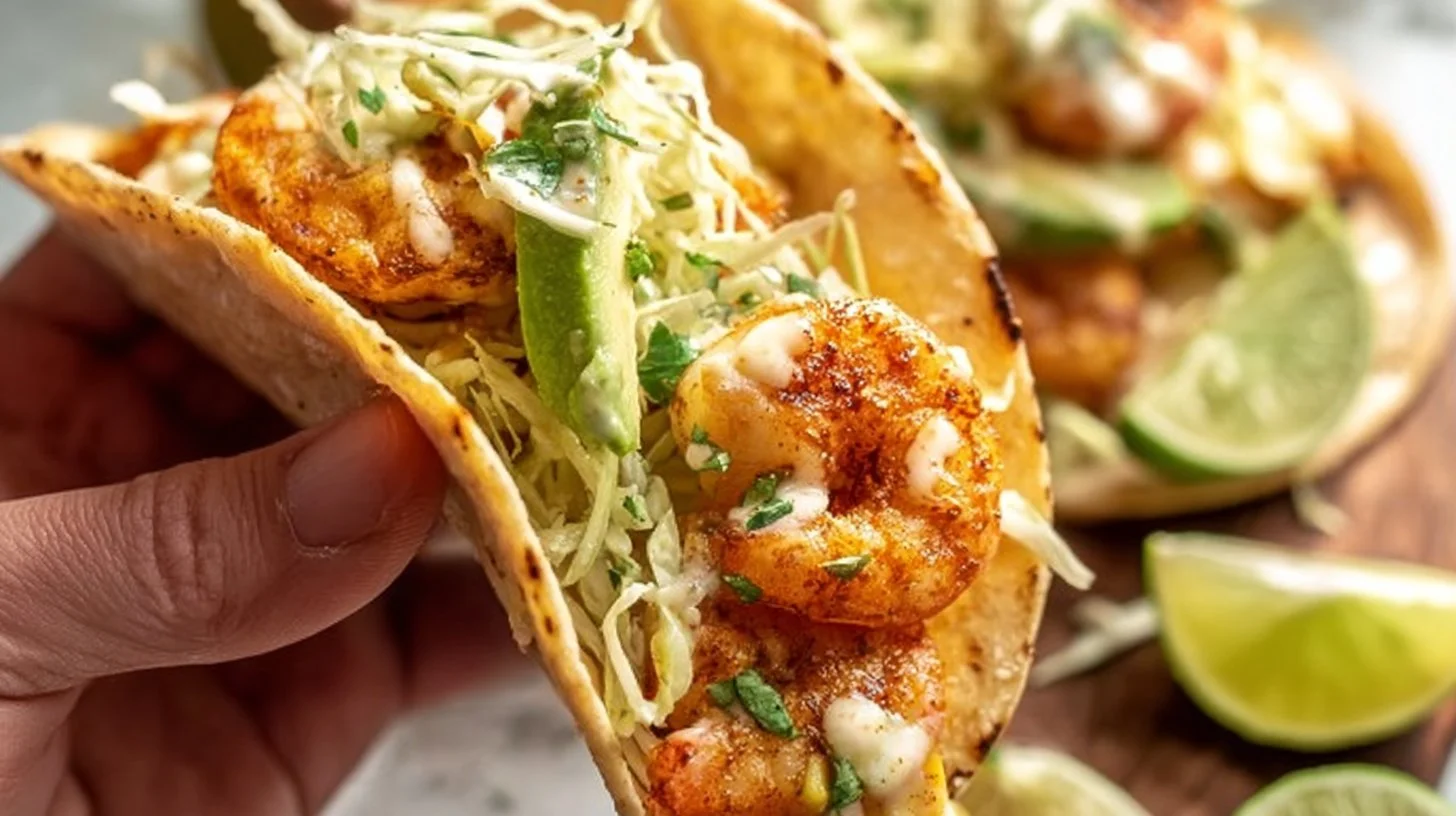 Delicious shrimp tacos served with fresh toppings in a colorful setting.