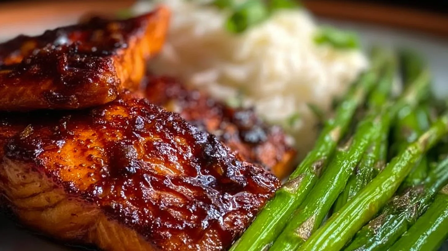 Juicy air fryer honey garlic salmon garnished with herbs and served on a plate.