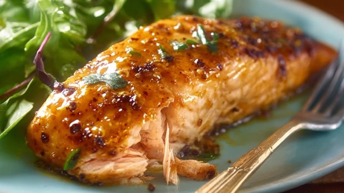Air fryer honey mustard salmon served with vegetables on a plate