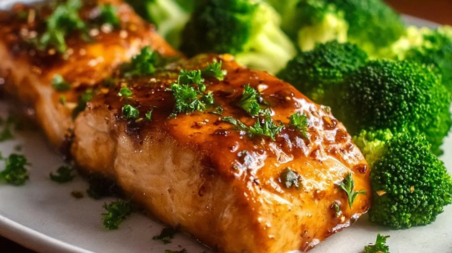 Deliciously baked salmon fillet garnished with herbs and lemon